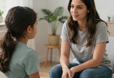 A warm therapy room with a counselor engaging a child in a card game focused on emotions.