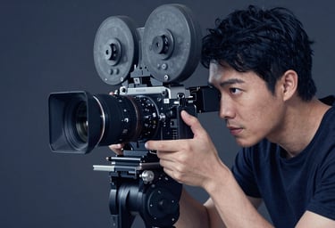 A focused cinematographer looking through the viewfinder of a heavy-duty film camera in a dark studio. Sophisticated, cinematic mood. Incorporating #1B263B, #415A77, #A0B0C0, #E0E1DD.
