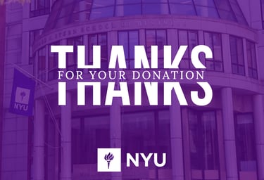 University of New York building with a large thank card that says thanks for your donation