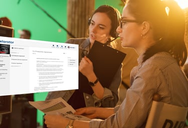 Female Producer on a green screen set with overlayed Stelarator dashboard page showing an AI enabled digital co-pro contract