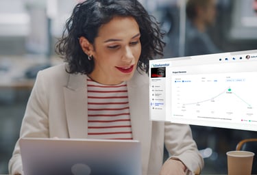 Female financier at laptop with overlayed Stelarator dashboard page showing revenues, with AI comments