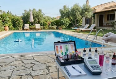 Professional pool water quality testing using a chemical kit by a backyard swimming pool.
