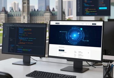 A modern workspace with a glowing laptop displaying a vibrant website design in dark mode.