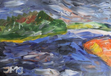 a landscape painting of a storm by the river