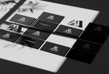 a bunch of business cards with a black and white background promot technologies