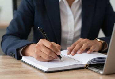 A close-up of a professional woman in a South American / Brazilian office environment, focusing on her hands as she writes in a notebook, soft professional lighting.