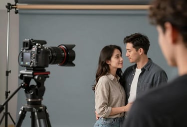 An over-the-shoulder shot of a professional photographer capturing a quiet moment between a couple, high-end camera equipment, sophisticated studio environment, warm grey and slate blue tones.