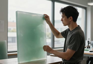 A professional artist in an International / Global studio environment, carefully inspecting a translucent Sage Green resin panel against a large window.