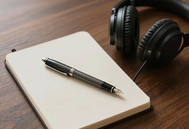 A high-angle photograph of a minimalist wooden desk. A charcoal fountain pen rests on an open notebook next to a set of professional headphones. Soft, warm lighting creates a personal and inviting atmosphere. International / Western setting. Colors: dark brown and tan.