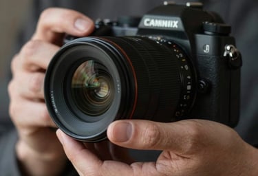 Close up photography of hands carefully adjusting a camera lens, soft focus, dark charcoal and deep brown tones, professional and introspective mood.