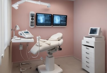 A modern medical consultation room with equipment and a doctor attending a patient.