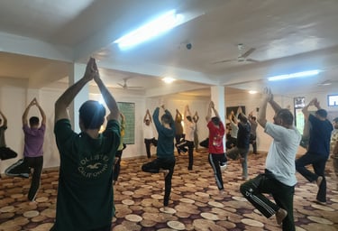 A group of residents participating in a morning fitness and wellness exercise session at the center.