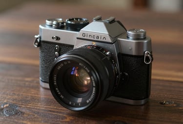 Close-up of an analog film camera on a dark wood surface, warm cinematic light highlighting its metallic details, storytelling atmosphere.