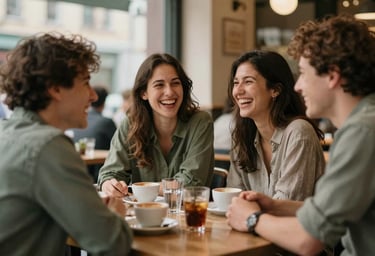 A candid shot of laughter shared between friends in an old European cafe. The lighting is warm and natural, capturing emotional depth and presence. The palette features #6F604F and #C4B29A.