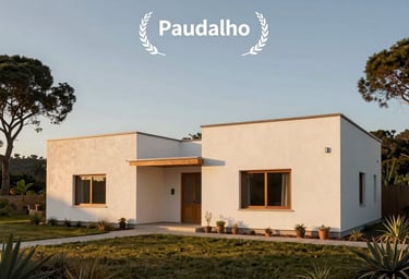 Exterior shot of a low impact residence in Paudalho, integration with the natural landscape, soft off-white walls, sustainable materials, sunset light.