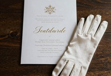 Macro photography of an elegant wedding invitation and a pair of silk gloves on a dark wooden table, capturing the essence of premium event planning in Southern Europe.