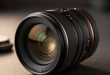 Close-up of a high-end camera lens on a dark table, reflecting soft gold light, professional and sophisticated atmosphere in a Spanish studio.