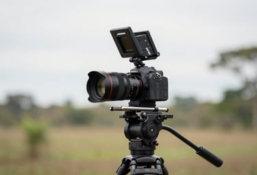 A high-end professional camera setup on a tripod during a film shoot in a South American / Brazilian location, cinematic Pearl White lighting.