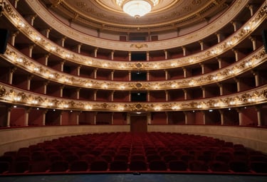 An empty grand opera house with red velvet seats and gold leafing, seen from the stage. Deep shadows in #2B2D42 and warm highlights in #F5F0EC.