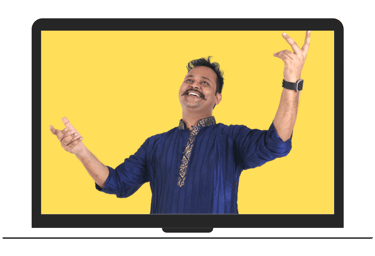 Music teacher singing on online class on laptop