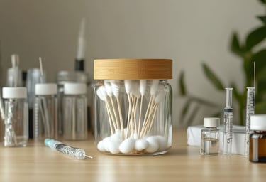 Frasco de vidrio con tapa de bambú, algodón con alcohol y herramientas médicas en un entorno profesional y sostenible