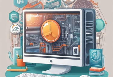 a computer monitor screen with a computer and a keyboard