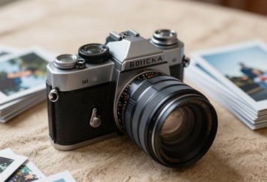 Close-up of a vintage film camera sitting on a tan linen surface next to a stack of printed photos. Soft, airy light. North American / US.