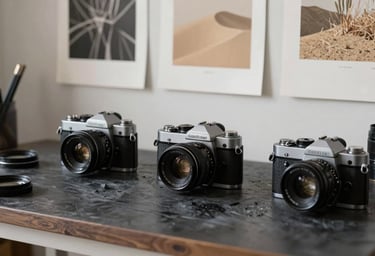 A photographer's workspace in a North American / US studio, vintage cameras, charcoal desk, and soft sand colored prints on the wall.