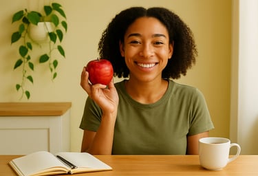 Pessoa sorridente com alimentos saudáveis para emagrecimento saudável e saúde emocional".