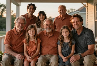 Cinematic lifestyle portrait of a multi-generational family sitting together on a North American porch, sunset light filtering through, Terracotta and Charcoal clothing colors, warm and inviting atmosphere.