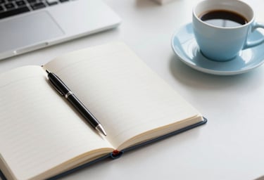 Photograph of a clean graphic designer workspace with an open notebook, sleek pen, and a cup of coffee, soft Light Steel Blue and Off-white aesthetic.