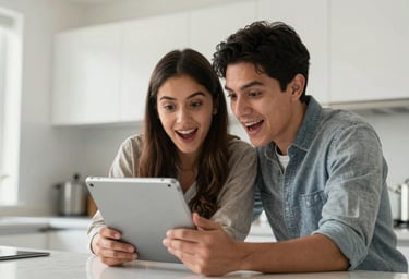 Young Mexican couple, Latin American, in a bright modern kitchen, looking at a digital tablet together with hope and excitement, soft morning light.