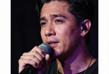 A professional studio portrait of a male singer with a microphone, captured with dramatic lighting. The background is a deep black, with soft mauve purple highlights on his face, evoking a contemporary and emotional South American vibe.