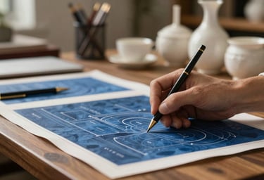 A blurred artistic shot of a designer working at a desk with indigo blue blueprints and ivory ceramics in a high-end East Asian / South Asian influenced for a global luxury audience studio.