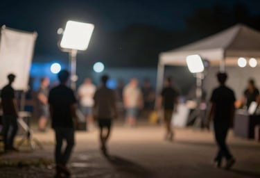 A blurred, atmospheric shot of a North American film set at night. The soft focus creates beautiful bokeh of blue and off-white lights, suggesting a high-budget production environment.