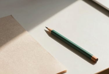 Close-up photography of a minimalist workspace in a South American / Brazilian creative studio, showing organic paper textures, a muted green pencil, and natural sunlight casting soft shadows on a light off-white desk.