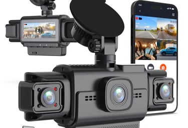 Three channel dash cam with front, cabin, and rear views plus smartphone app integration.