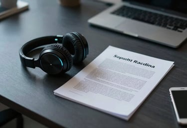 A designer's desk with a pair of headphones and a script, in a modern South American / Colombian office at night. Dark charcoal and neon cyan tones.