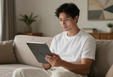 A lifestyle shot of a man holding a sleek tablet in a modern living room, wearing ghost white casual wear, South American interior design, soft cinematic lighting, professional atmosphere.
