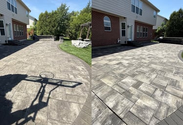 Before and after comparison of a professional patio stone cleaning and sealing service on a residential paver driveway.