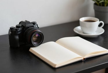 A minimalist workspace with a camera, a notebook, and a coffee cup on a midnight black desk, soft natural light, North American / European home office.