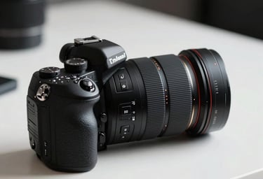 Close-up of a professional camera body and lens sitting on a clean white desk in a minimalist studio setting. Black and gray tones. International / Professional.
