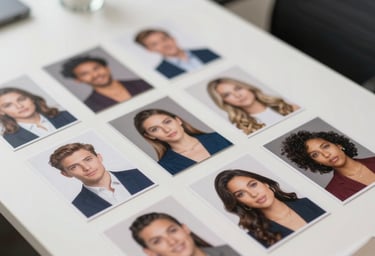 A selection of talent headshots laid out on a clean white desk, professional lighting, artistic arrangement, including various ethnicities and styles, with #0B1E22 color branding.