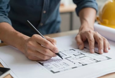 Close up of a friendly architect technician's hands sketching over a floor plan with warm lighting.