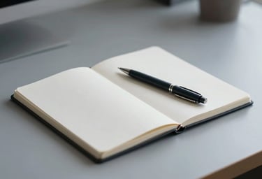 A minimalist studio workspace with a single designer's sketchbook and a high-end pen. The mood is quiet and focused. Palette features #F8F8F4 and #4A5763.