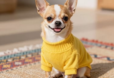 Un adorable chihuahua color canela y blanco, con un suéter amarillo, sentado sobre una alfombra.