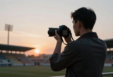 A photographer's silhouette holding a camera at sunset, looking out over a stadium, professional and approachable mood, using #0D0D0D and #8C847E.