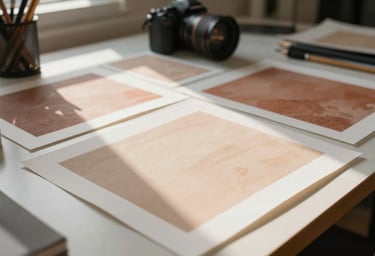 Candid photo of a photographer's workspace in a North American studio. Sun-drenched desk with prints in Soft Sand and Terracotta tones. Authentic and inviting.