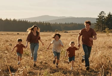 Authentic candid photography of a young family running through a meadow in the North American / US Pacific Northwest. Cinematic, warm sun-drenched lighting at golden hour. Soft Sand and Terracotta tones.