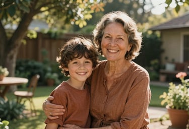 A lifestyle shot of a smiling grandmother and child in a North American garden, warm sun-drenched lighting filtering through trees. Cinematic storytelling style with earthy terracotta accents.